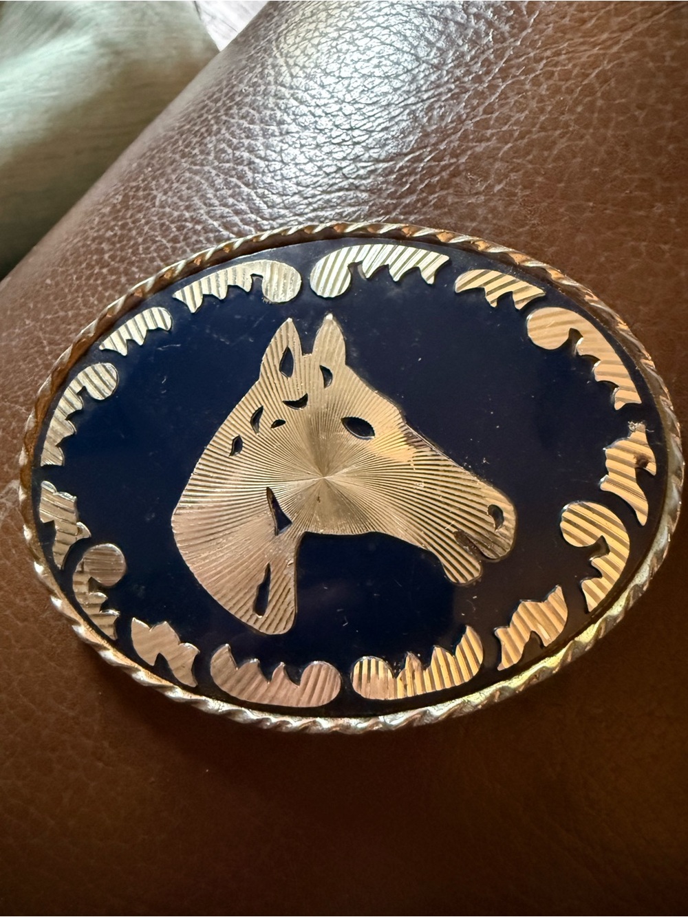 Vintage Western Horse Head Belt Buckle Gold Tone Black Enamel